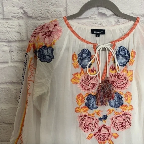 Tolani Floral Embroidered Tassel Tie Peasant Top - Picture 7 of 11
